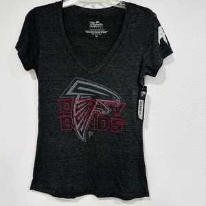 NWT Womens Atlanta FALCONS NFL Tee DIRTY BIRDS Cap Sleeves Stretch Black V-Neck